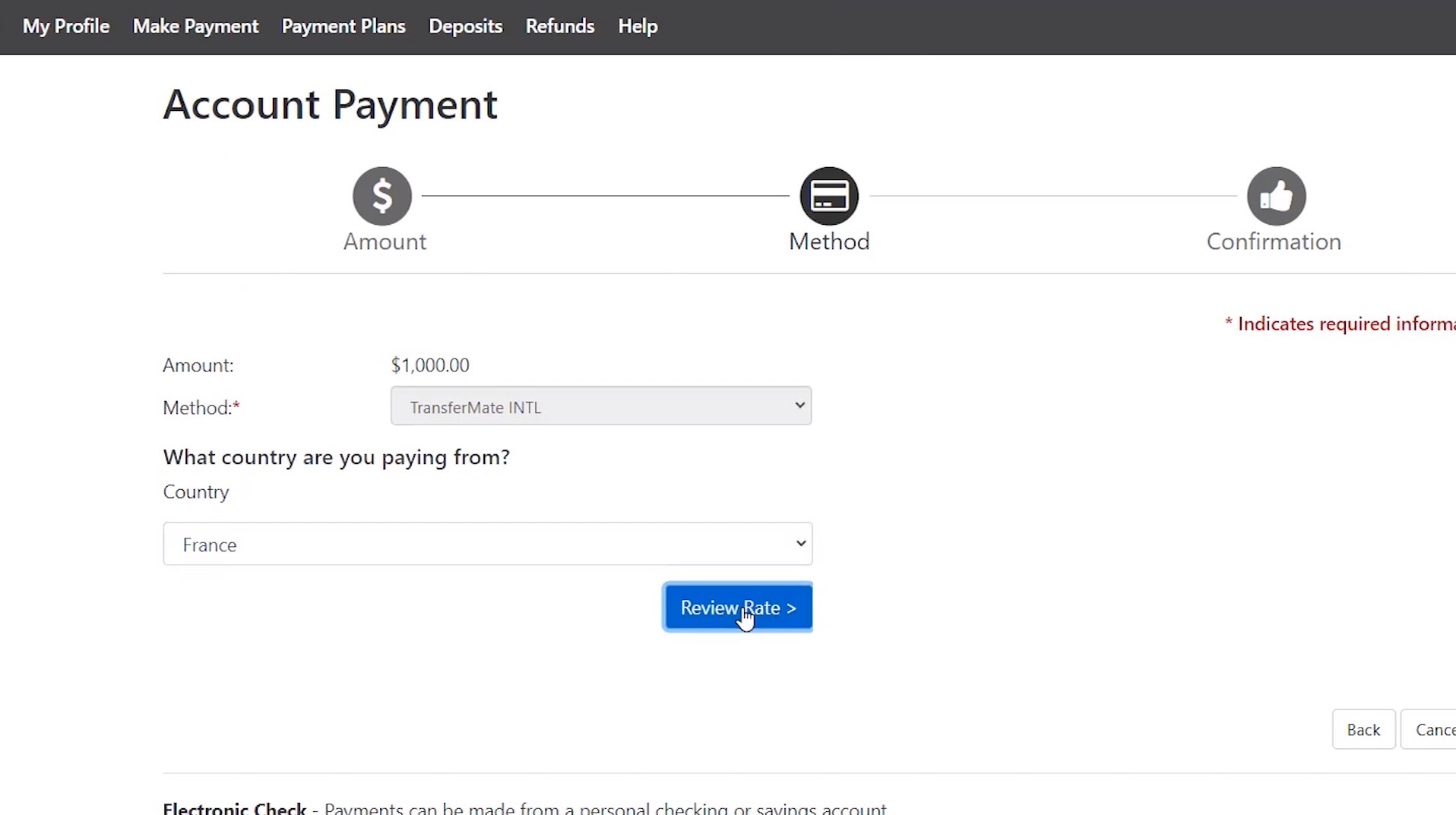 TransferMate Account Payment: Select Country