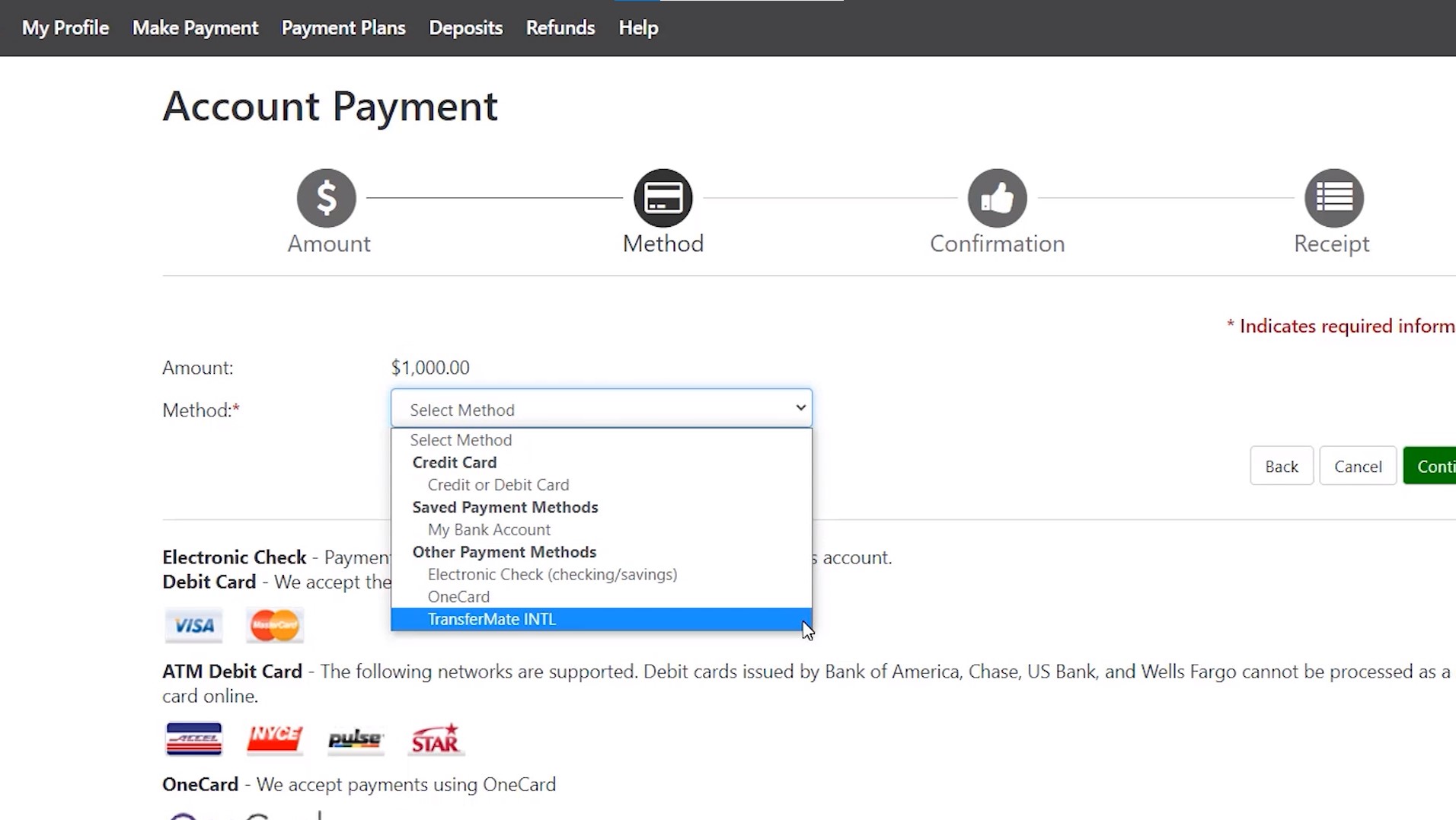 TransferMate Account Payment: Select Payment Method