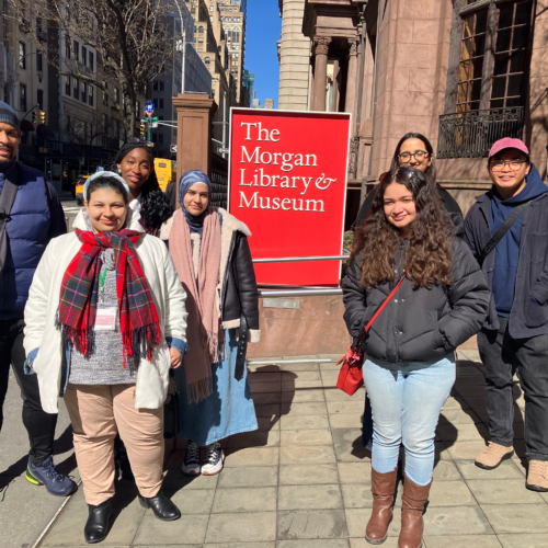 Photo of students on a trip to see an exhibit on the life of Franz Kafka at the Morgan Library & Museum in New York City.