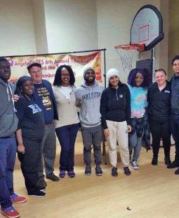 Pictured from left: James Frimpong '20, Mcknight, Erich Sekel, associate director of campus ministry for community service, Stephanie Glover Wilson, a community volunteer, Ed Daniel '14, '16, Shereen Abdeljabber '17, Ohunene Albert '20, Rebecca Delbert and Rafael Acosta '20.